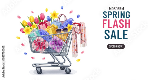 A vibrant shopping cart illustration showcases a spring flash sale, filled with colorful gifts, tulips, and daffodils, accented by confetti against a clean white background