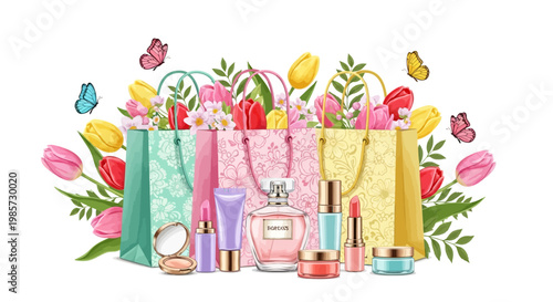 Eye-level shot of colorful shopping bags filled with tulips and cosmetics against a white background, with butterflies fluttering around, creating a vibrant and cheerful mood in a flat-lay