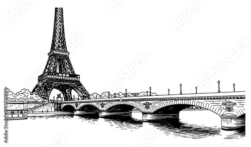 Eiffel Tower and Seine River bridge Paris sketch detailed vector illustration