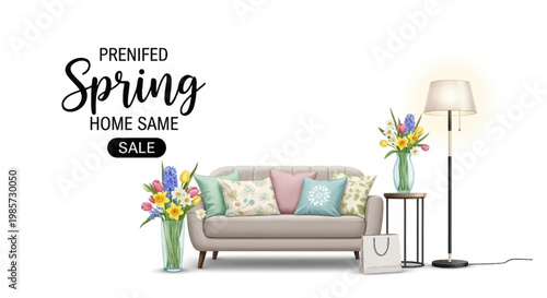 A cozy living room scene features a beige sofa adorned with patterned pillows, complemented by floral arrangements, under the soft glow of a floor lamp, set against a bright white