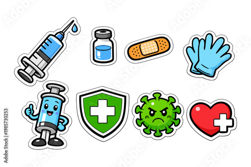 Colorful medical stickers: syringe, bandage, virus, heart, and shield icons.