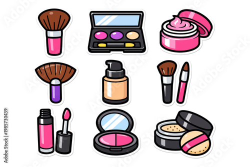 Colorful makeup icons set featuring brushes, lipstick, powder, and cream.