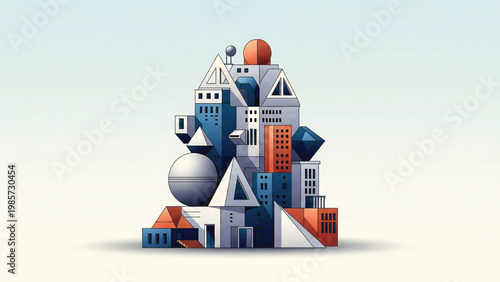 A colorful abstract illustration of a stylized cityscape with geometric shapes and buildings in blue, orange, and white hues on a gradient background.