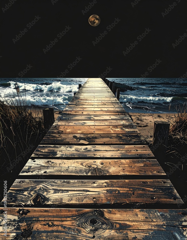 Fototapeta premium Rustic Wooden Pier Reflecting Warm Sunlight Leads to Wavy Ocean Under Full Moon