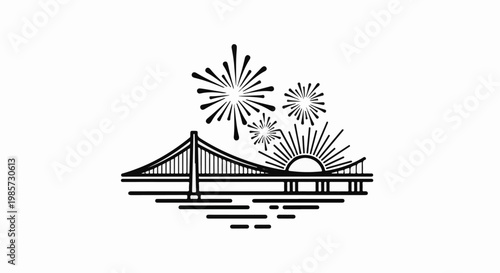 Iconic bridge with celebratory fireworks and a radiant sun over water