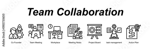 Team Collaboration banner web icon vector illustration concept with an icon of Co Founder, Team Meeting, Workplace, Meeting Notes, Project Board, task management, Action Plan