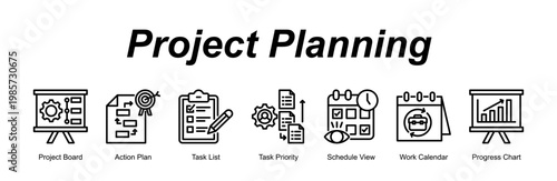 Project Planning banner web icon vector illustration concept with an icon of Project Board, Action Plan, Task List, Task Priority, Schedule View, Work Calendar, Progress Chart                    