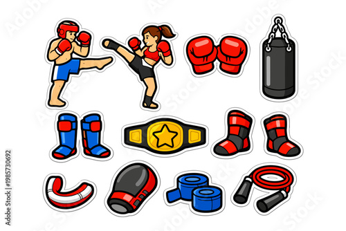 Cartoon martial arts equipment and sparring scene with male and female fighters.