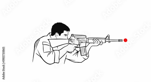 Line art of a man aiming a rifle with a red target dot