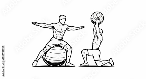 Men performing strength exercises with fitness balls, one standing, one kneeling