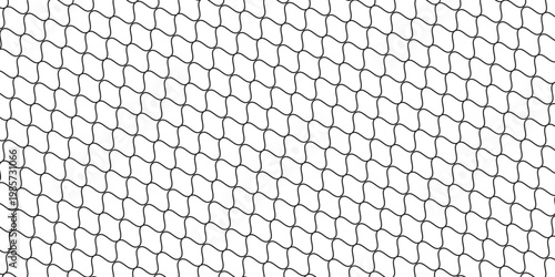 Fishing or soccer net. Repeated hexagon pattern. Black wired mesh texture isolated on white background. Metallic or fabric fence, cage or lattice structure. Vector graphic Illustration.