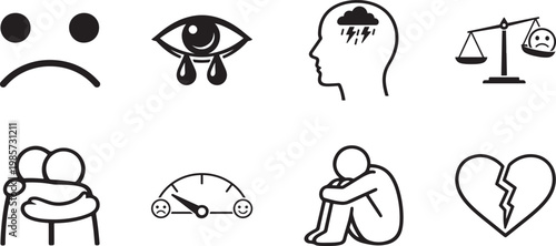 Sadness emotion icon set vector EPS with crying face, mood and depression expression symbols