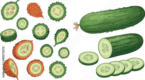 Fresh cucumber and bitter melon slices with whole vegetables vector illustration organic healthy food ingredient collection set design