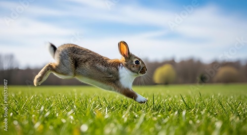Agile Rabbit Jumping Across Vibrant Green Grass in Sunny Environment
