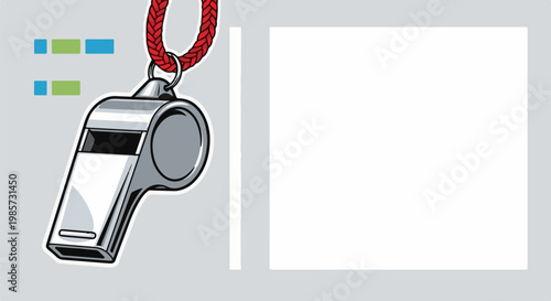 Silver whistle on red cord with abstract shapes above