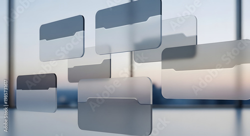 Digital information cards floating in a modern office setting