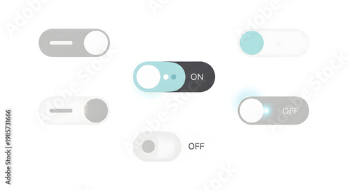Modern user interface elements featuring a diverse set of toggle switches, illustrating various on-off states and interactive design for web and mobile applications