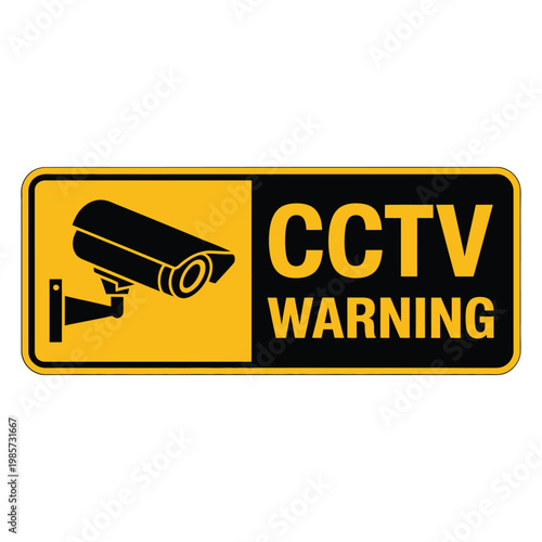 Cctv warning sign with camera illustration on a yellow and black background