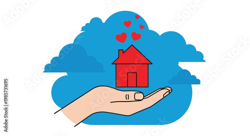 A hand gently holds a house with hearts floating above it