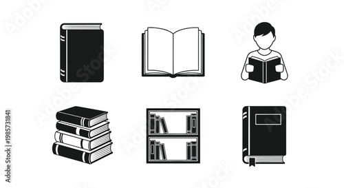 Black and white icons depicting books a reader and a bookshelf