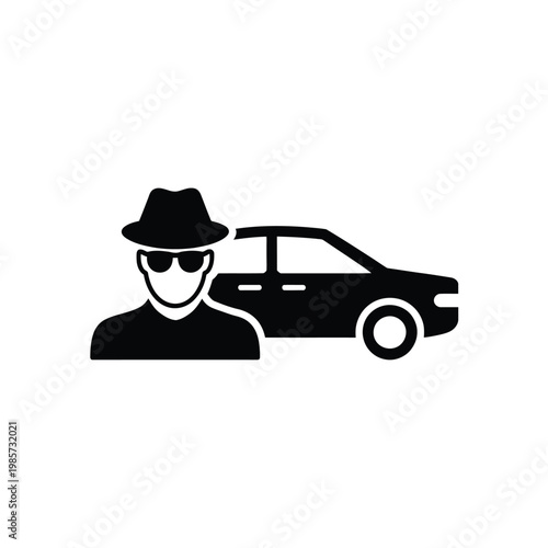 A shadowy figure wearing sunglasses stands near a sleek dark vehicle