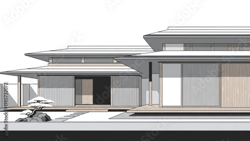 Modern house with flat roof and wooden accents on white background.