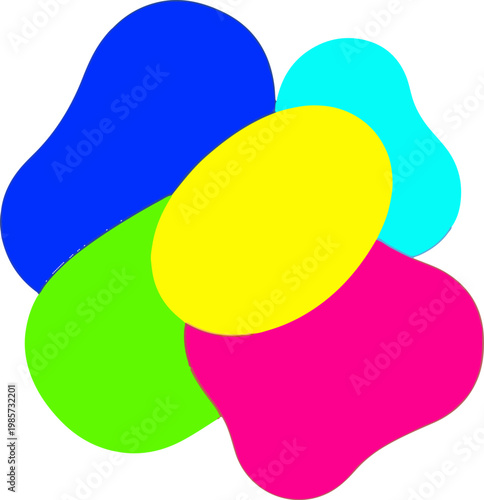 A vibrant collection of overlapping abstract organic shapes in bright primary and secondary colors creates a dynamic visual design.