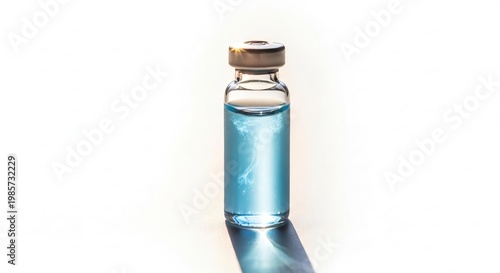 Clear Serum Bottle with Blue Liquid Casting Shadow on White Surface