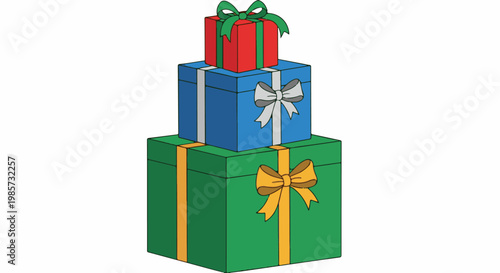 Stacked colorful gift boxes with ribbon bows on white background