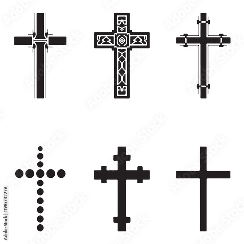 Christian Cross Icons Set - Minimalist Religious Symbols and Decorative Crucifix Vector Illustrations
