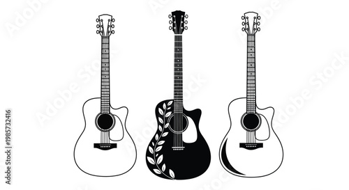 Three acoustic guitars in a black and white illustrative design