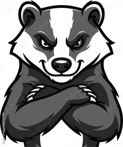 A confident cartoon badger mascot stands with its arms crossed.