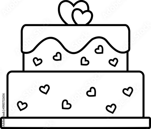 Cake decorated with heart pattern outline coloring page template.
Cute Heart Cake Line Art Coloring Page Vector.
Transparent background. SVG.