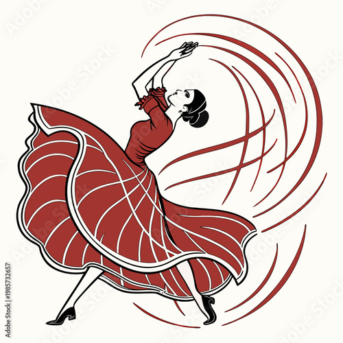 Traditional flamenco woman spinning in red gown.
