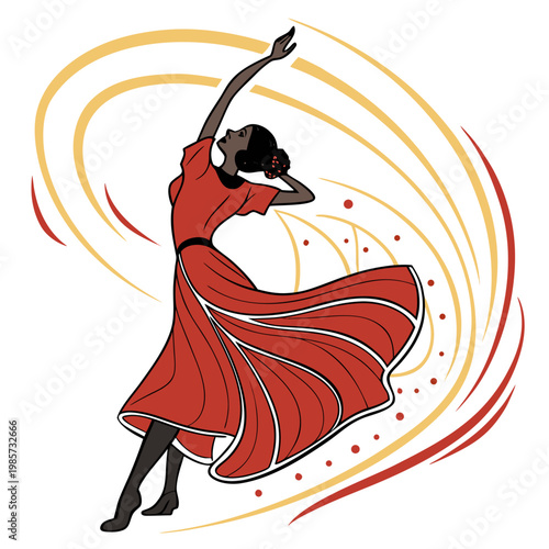 Elegant flamenco dancer performing in red dress.