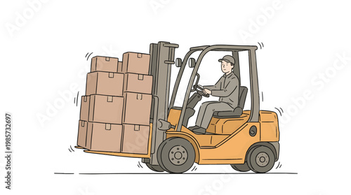 Hand Drawn Doodle Forklift Carrying Boxes, Warehouse Logistics and Industrial Work Concept Minimal Vector Illustration