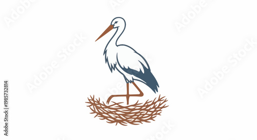 Stylized stork perched in a twig nest, illustrated with simple lines