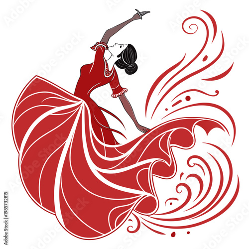 Flamenco dancer elegance red dress motion swirls.