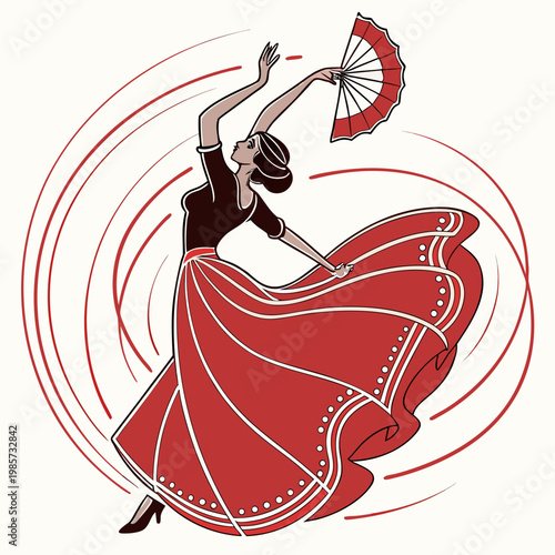 Spanish dancer holding fan in red flowing dress.