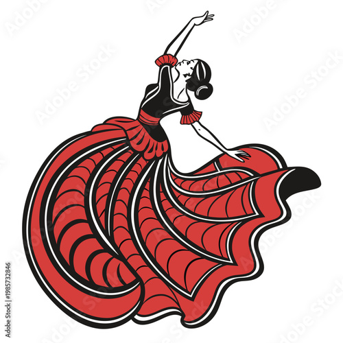 Flamenco dancer in red dress with black accents twirling.
