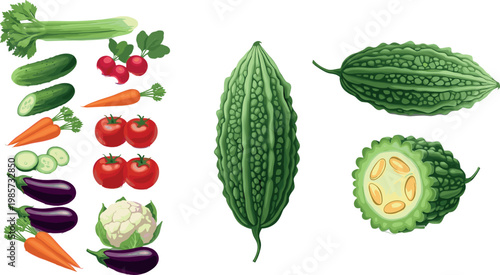 Assorted fresh vegetables with bitter melon detailed views vector illustration organic healthy food collection farm produce set