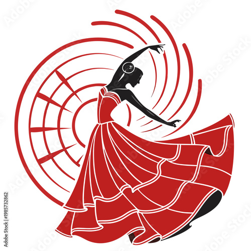 Flamenco dancer in red dress spins with red background.