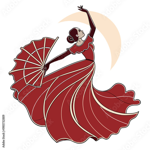 Beautiful flamenco dancer posing with large fan.