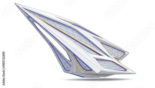 Futuristic spaceship design with sleek lines and vibrant blue accents on white background.