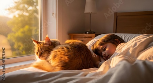 Cozy Morning Scene with Sleeping Child and Cat by Window