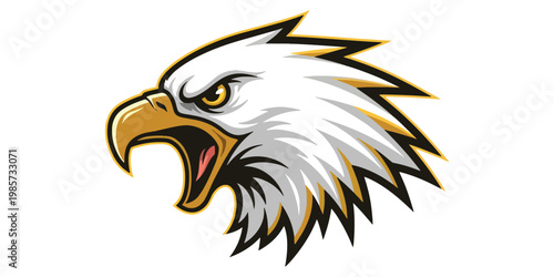 Illustration of a fierce bald eagle with open beak, detailed feathers, and intense gaze