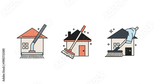 Colorful illustration depicts houses being cleaned with various tools