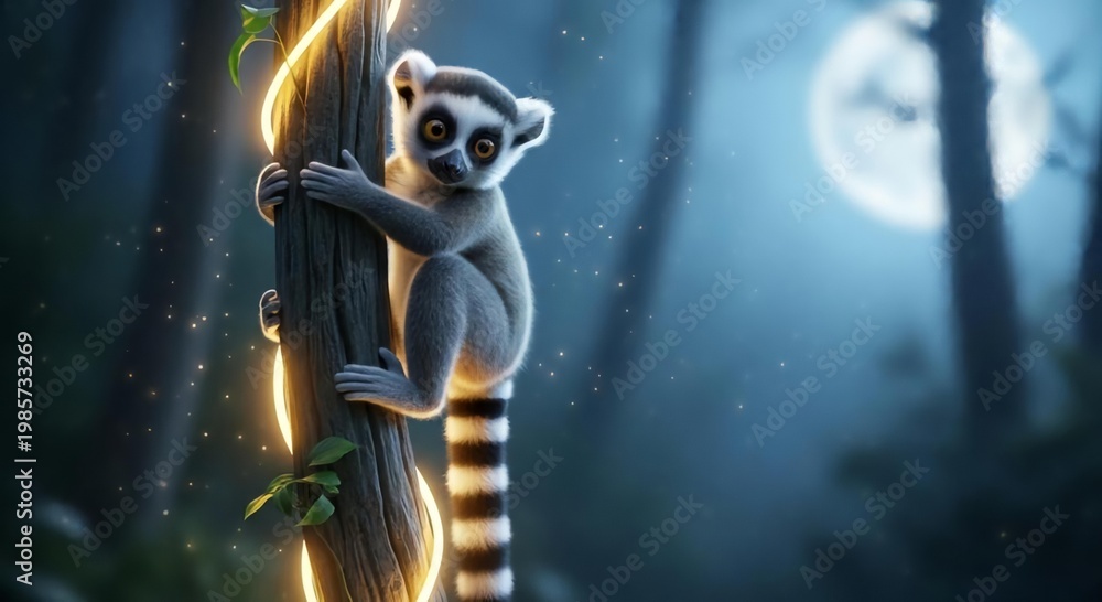 Fototapeta premium Cute lemur climbing tree in mystical forest under full moonlight