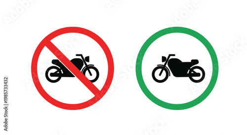 Motorcycle prohibition and permission signs displayed in red and green circles