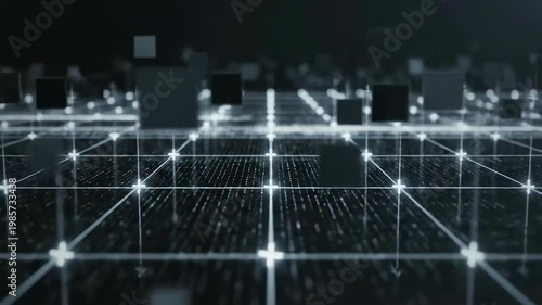 Futuristic Digital Grid Background with Glowing Connections and 3D Data Blocks for Cyber Technology and Artificial Intelligence